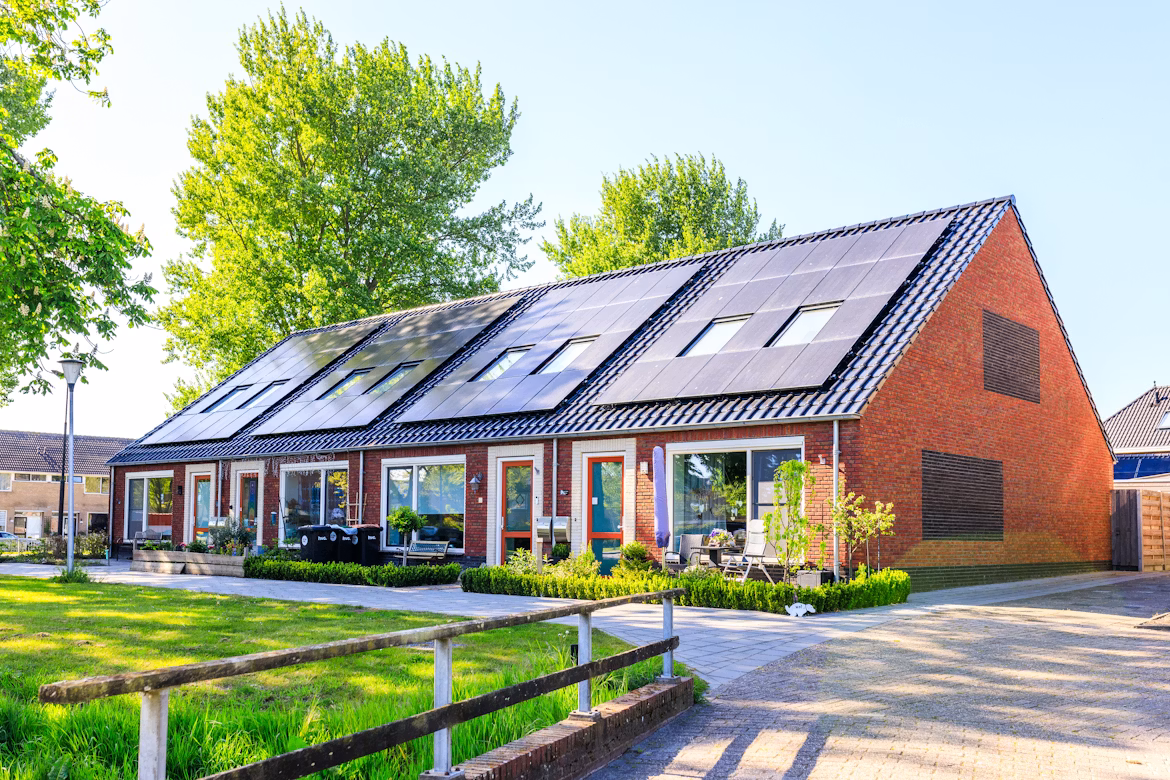 Terrace of homes with integrated solar roofs